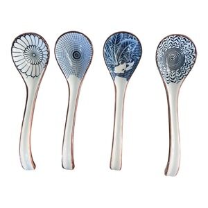 Ceramic Soup Spoons 6.5" Blue White Excellent 4pc Set Asian Style